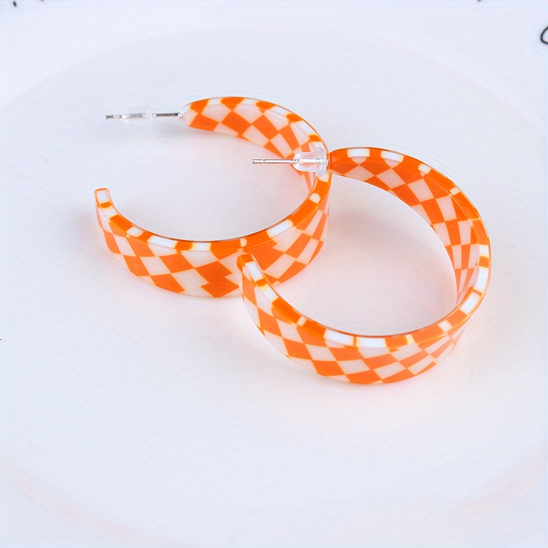Vintage Boho Checkerboard C Hoop Earrings Stainless Steel Acrylic Posts